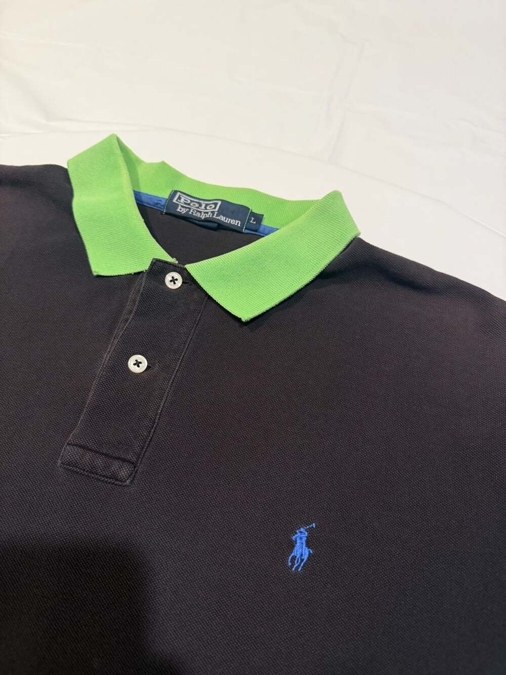 Polo Ralph Lauren Men's Black Pique Polo Shirt with Green Collar Blue Pony L
